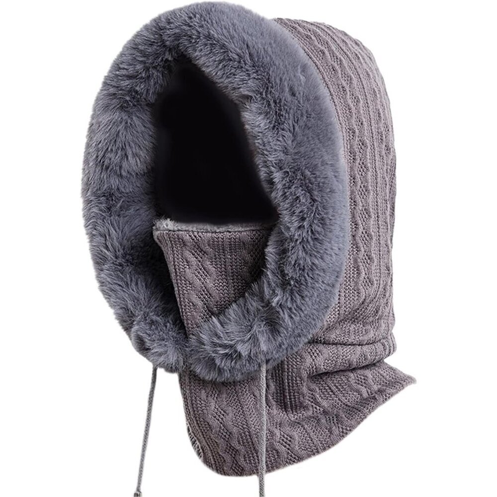 Women Grey Polyester Warm Thick Fluff Beanie Adult Neck Face Winter Balaclava